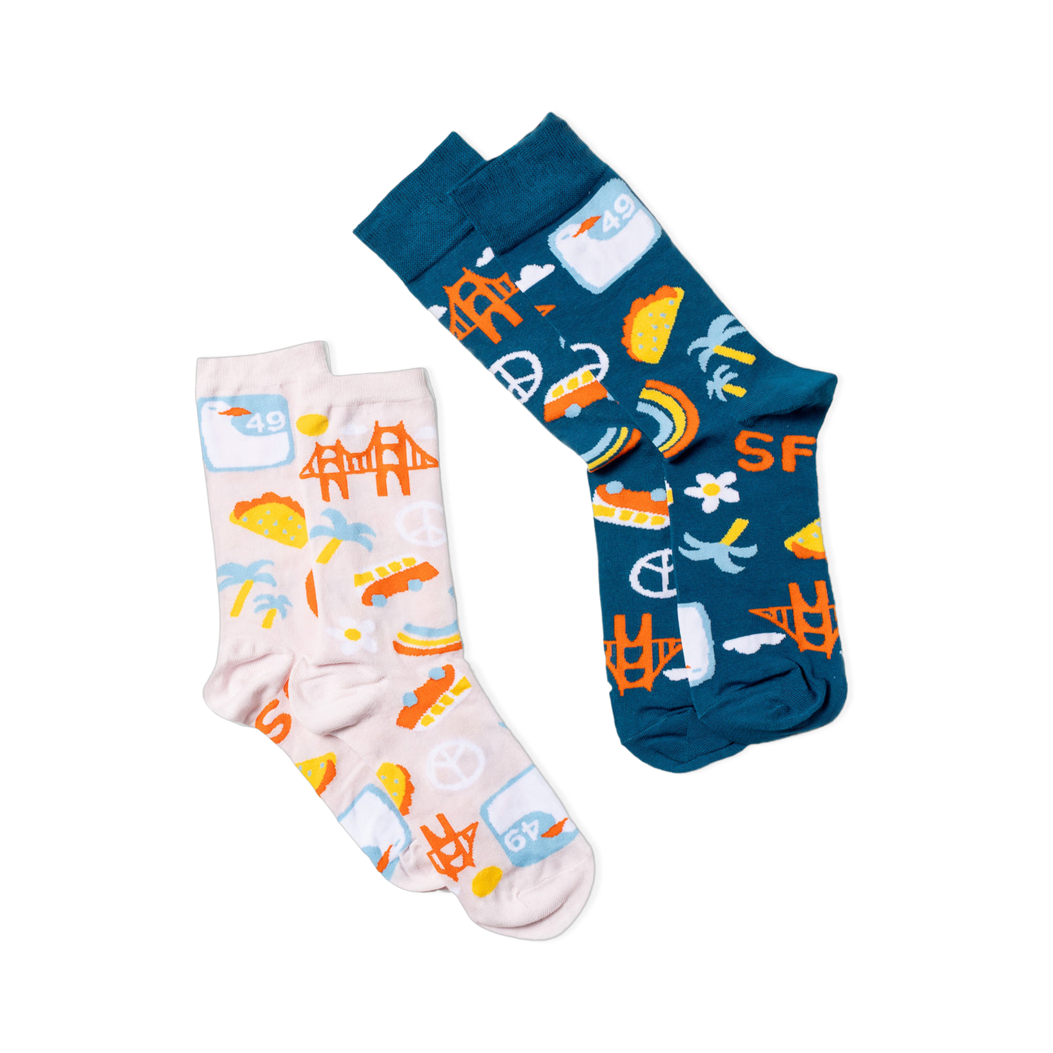 Two pairs of crew socks, one dark blue and one light pink, both with San Francisco themed patterns visible.