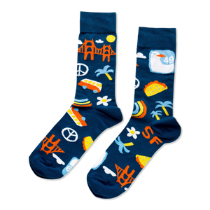 A pair of dark blue crew socks featuring orange Golden Gate Bridges, yellow suns, white clouds, green palm trees, 