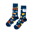 A pair of dark blue crew socks featuring orange Golden Gate Bridges, yellow suns, white clouds, green palm trees, "SF" text, and tacos.