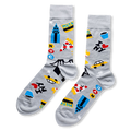 Light grey crew socks with a colorful NYC pattern featuring taxis, smiling pizza slices, blue towers, and I Love NY text.