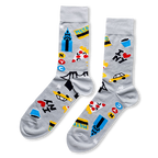 Light grey crew socks with a colorful NYC pattern featuring taxis, smiling pizza slices, blue towers, and I Love NY text.