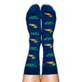 Person wearing navy blue crew socks on their legs, displaying a pattern of mallard ducks and green FUCK OFF text.