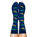 Person wearing navy blue crew socks on their legs, displaying a pattern of mallard ducks and green FUCK OFF text.