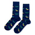 Navy blue crew socks featuring a pattern of mallard ducks and the words FUCK OFF printed in bold green text.