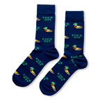 Navy blue crew socks featuring a pattern of mallard ducks and the words FUCK OFF printed in bold green text.