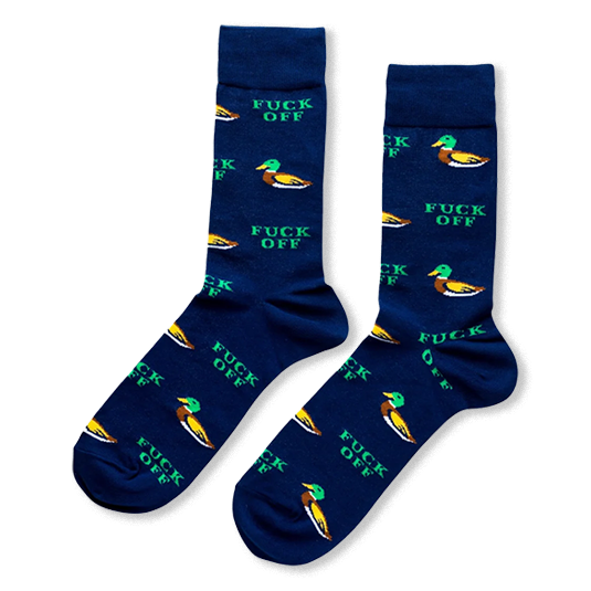 Navy blue crew socks featuring a pattern of mallard ducks and the words FUCK OFF printed in bold green text.