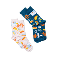 Two pairs of crew socks, laid flat. One lavender pair with SF icons, and one dark blue pair with matching SF icon designs.