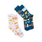 Two pairs of crew socks, laid flat. One lavender pair with SF icons, and one dark blue pair with matching SF icon designs.