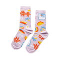 A pair of lavender crew socks with a San Francisco theme, featuring the Golden Gate Bridge, cars, tacos, peace signs, and 'SF' letters.