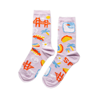 A pair of lavender crew socks with a San Francisco theme, featuring the Golden Gate Bridge, cars, tacos, peace signs, and 'SF' letters.