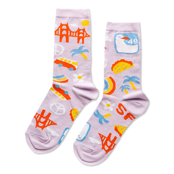 A pair of lavender crew socks with a San Francisco theme, featuring the Golden Gate Bridge, cars, tacos, peace signs, and 'SF' letters.