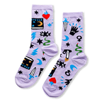 Light purple crew socks featuring a pattern of black spellbooks, red flaming hearts, daggers, snakes and mystical symbols.