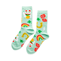 Pair of mint green crew socks patterned with white Lucky Cats, green clovers, yellow horseshoes, red dice, and colorful rainbows.