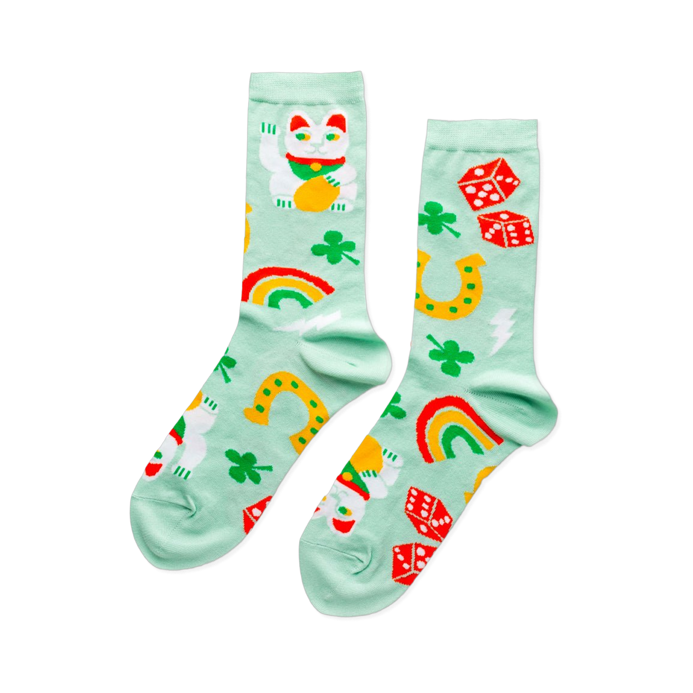 Pair of mint green crew socks patterned with white Lucky Cats, green clovers, yellow horseshoes, red dice, and colorful rainbows.