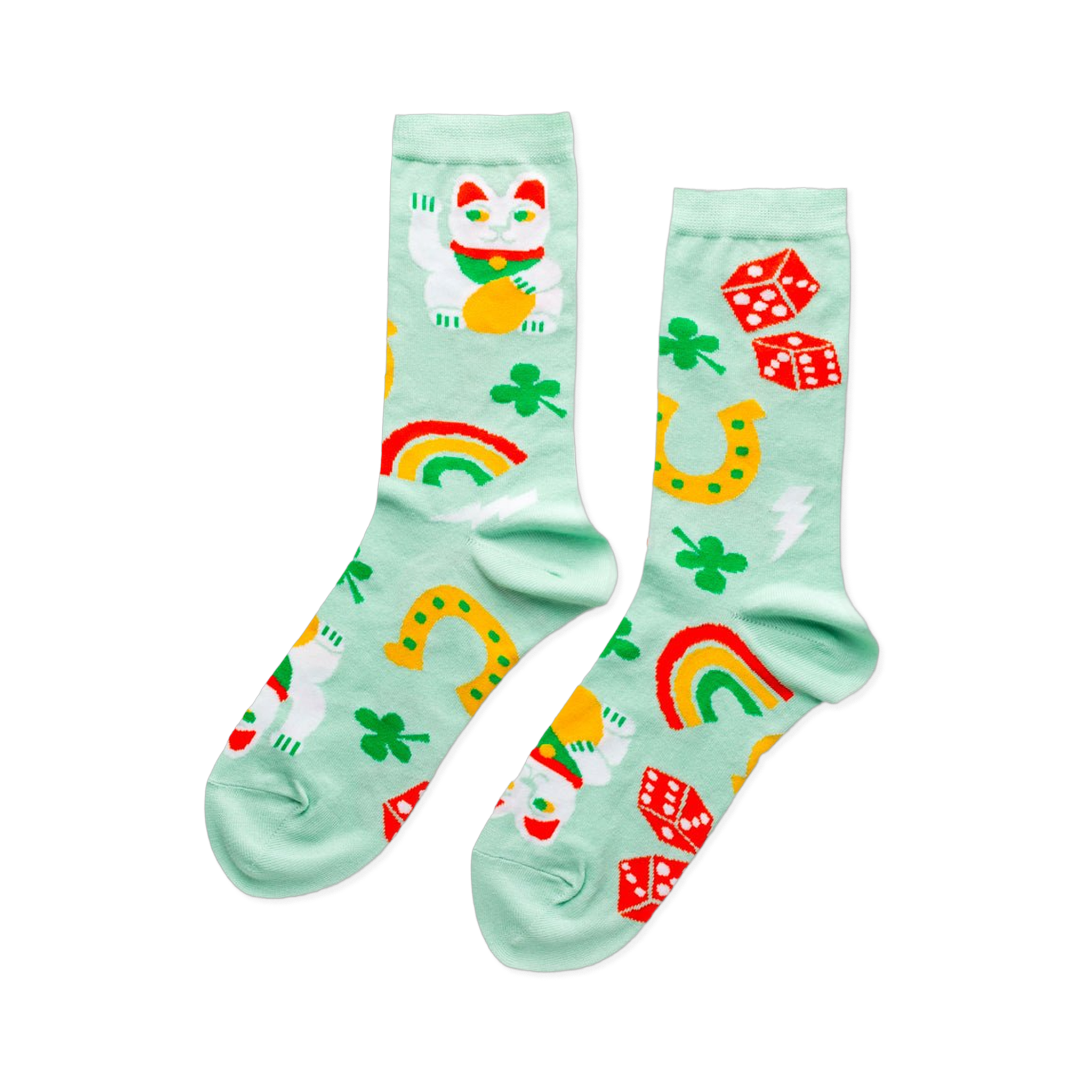 Pair of mint green crew socks patterned with white Lucky Cats, green clovers, yellow horseshoes, red dice, and colorful rainbows.