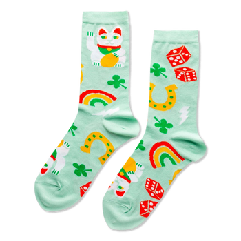 Pair of mint green crew socks patterned with white Lucky Cats, green clovers, yellow horseshoes, red dice, and colorful rainbows.
