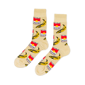 Pair of crew socks with a cream background, featuring a repeating pattern of red soup cans and yellow bananas.
