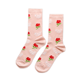 Pair of blush pink crew socks with repeating red rose graphic and white 'Fuck Off' text pattern.