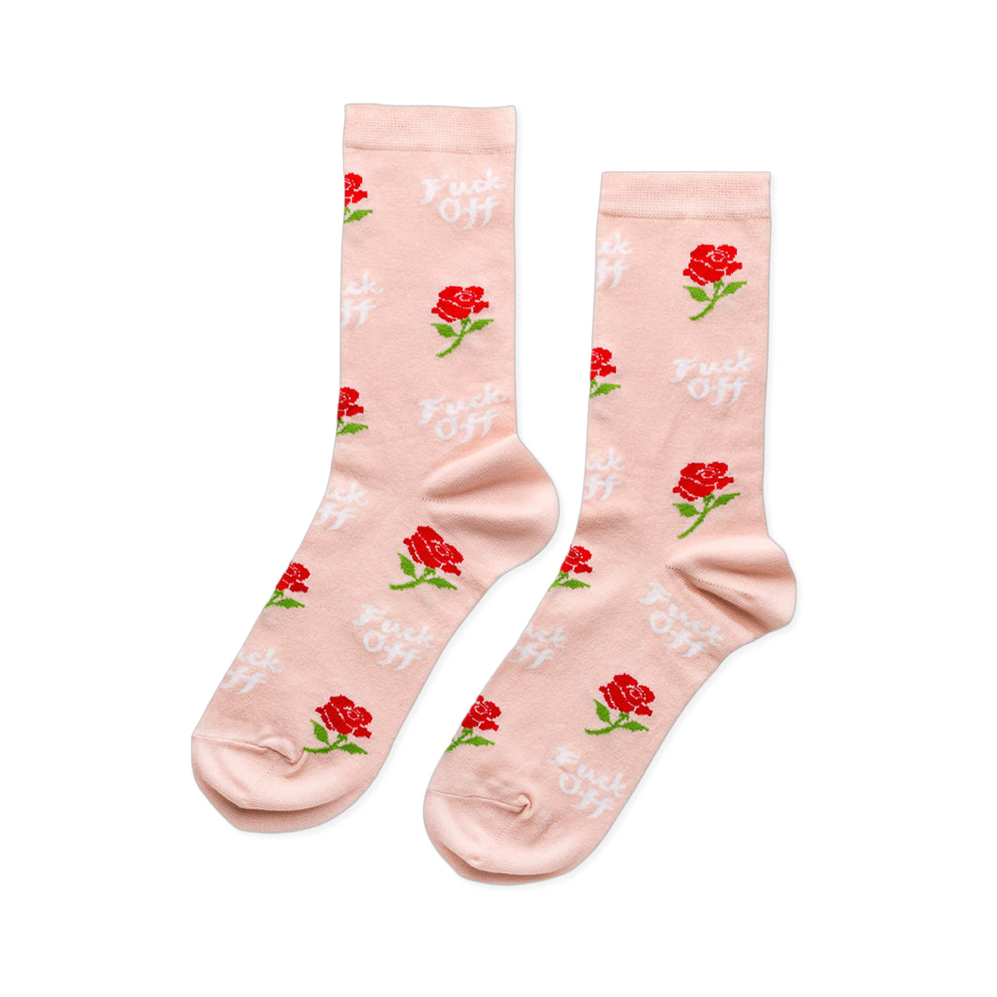 Pair of blush pink crew socks with repeating red rose graphic and white 'Fuck Off' text pattern.
