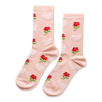 Pair of blush pink crew socks with repeating red rose graphic and white 'Fuck Off' text pattern.