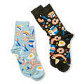 Light blue breakfast socks next to a dark grey pair featuring the exact same food pattern of eggs, bacon, and milk.