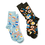 Light blue breakfast socks next to a dark grey pair featuring the exact same food pattern of eggs, bacon, and milk.