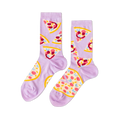 Pair of lavender crew socks with a repeating pattern of yellow-crusted pizza slices, some featuring red smiling faces and yellow eyes, on a light purple background.