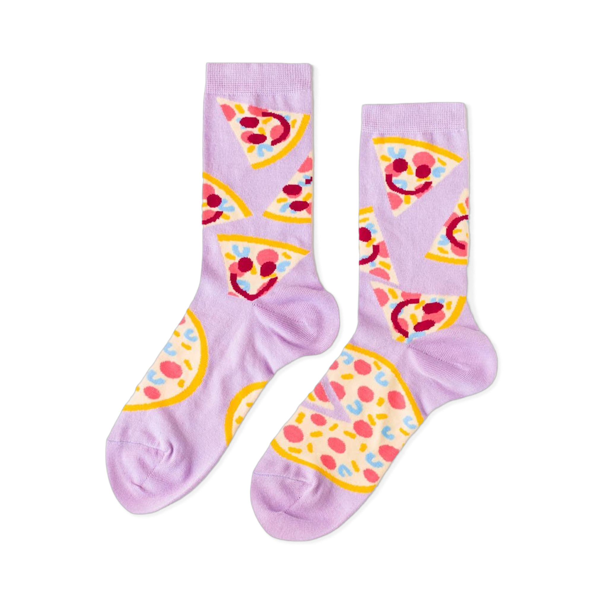 Pair of lavender crew socks with a repeating pattern of yellow-crusted pizza slices, some featuring red smiling faces and yellow eyes, on a light purple background.