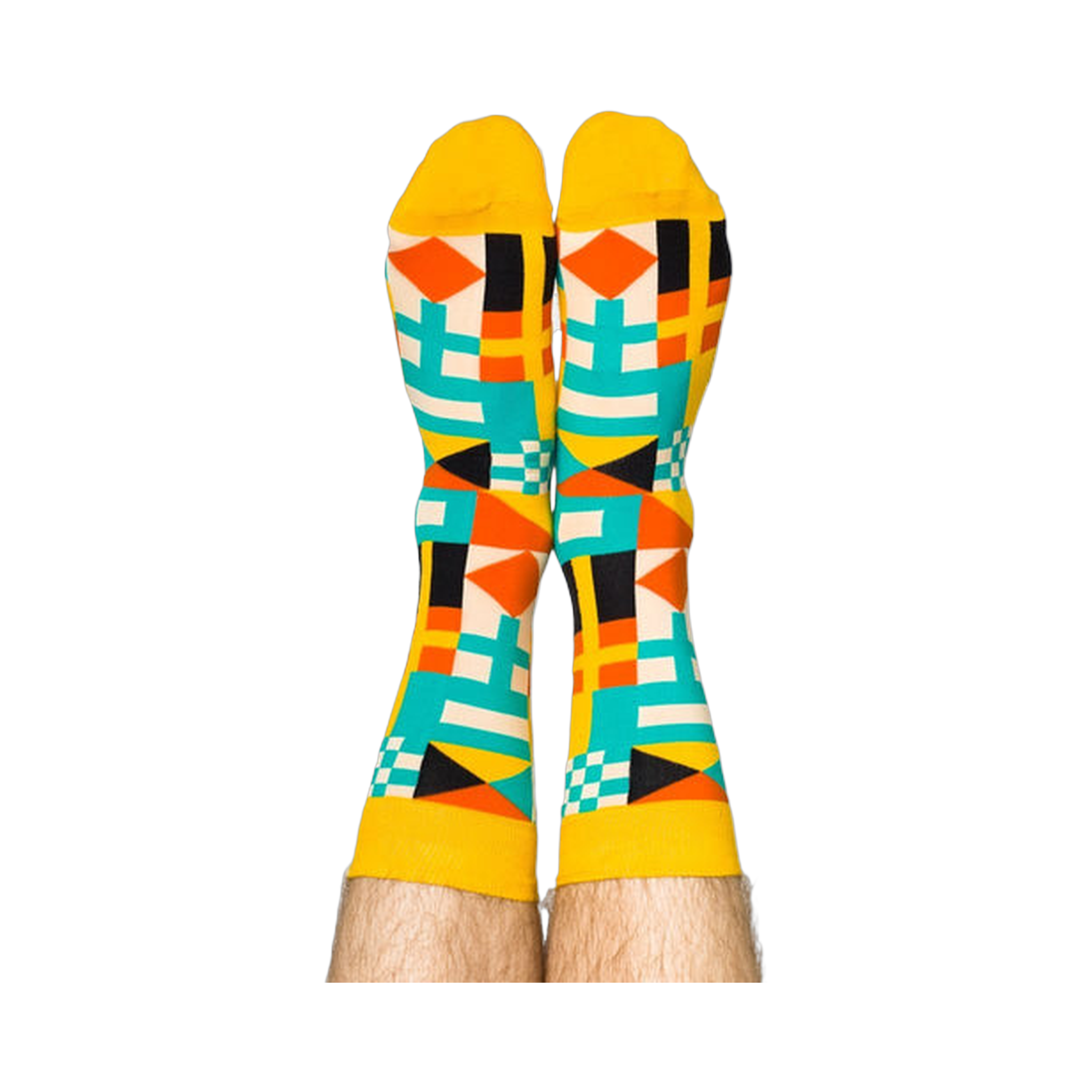 Person's legs wearing the vibrant nautical flag socks, heels up against a white background.