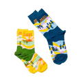 Two pairs of socks: the blue West Coast Best Coast design and a yellow and green version with similar patterns.