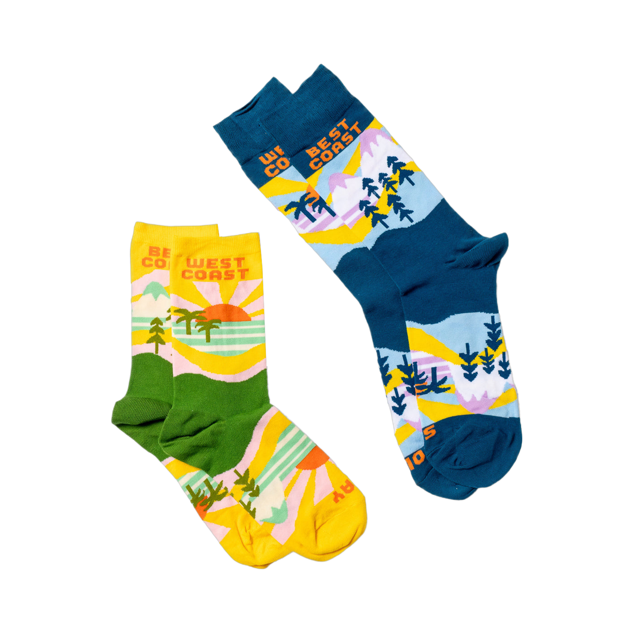 Two pairs of socks: the blue West Coast Best Coast design and a yellow and green version with similar patterns.