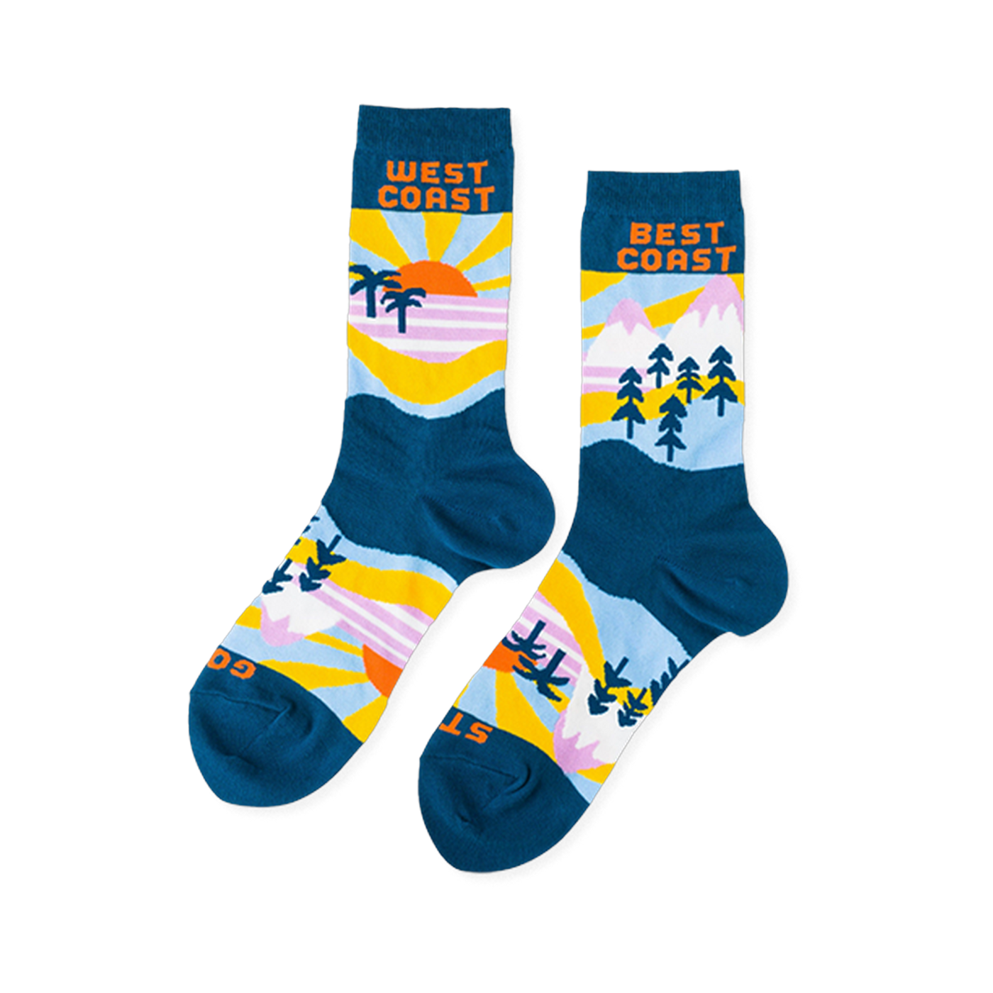 A pair of mismatched crew socks with West Coast beach scenes (sun, palm trees) and Best Coast mountain scenes (peaks, pine trees) on a dark teal base.