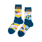 A pair of mismatched crew socks with West Coast beach scenes (sun, palm trees) and Best Coast mountain scenes (peaks, pine trees) on a dark teal base.