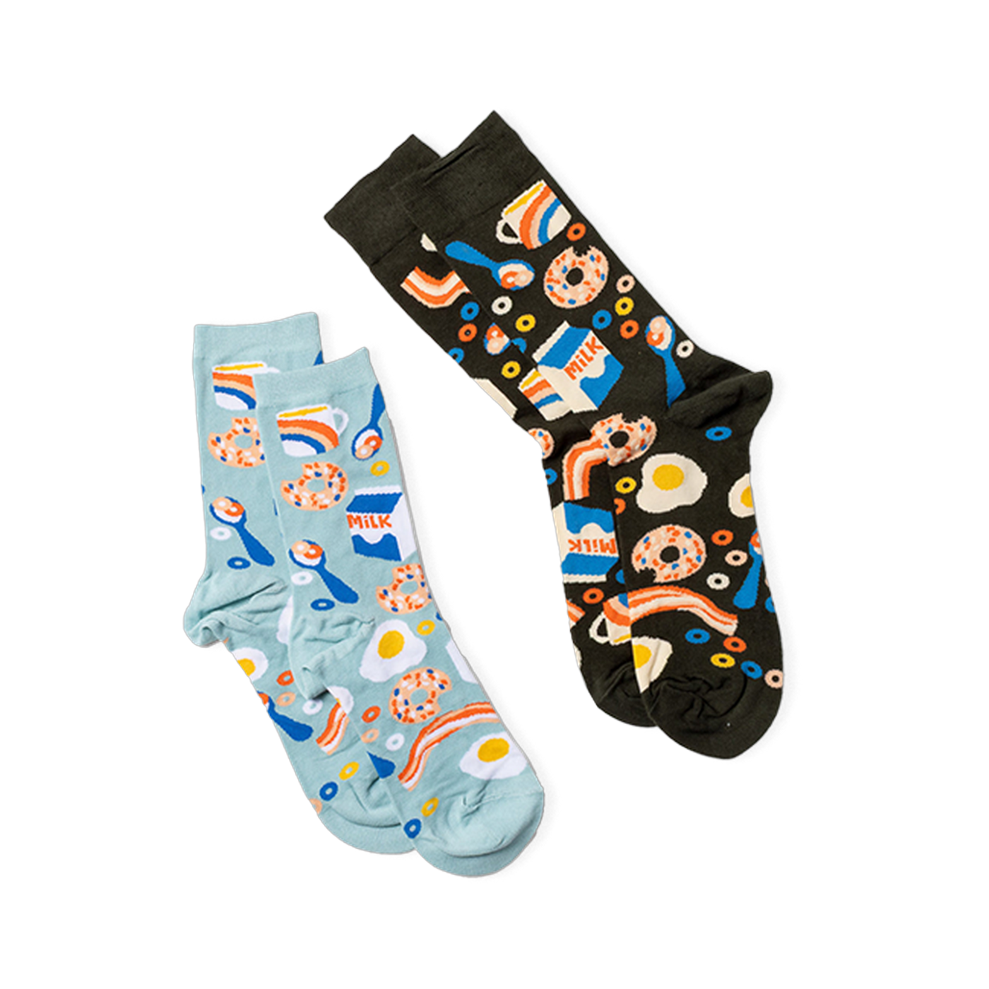 Two pairs of breakfast pattern crew socks: one dark background, one light blue, laid diagonally on a white surface.