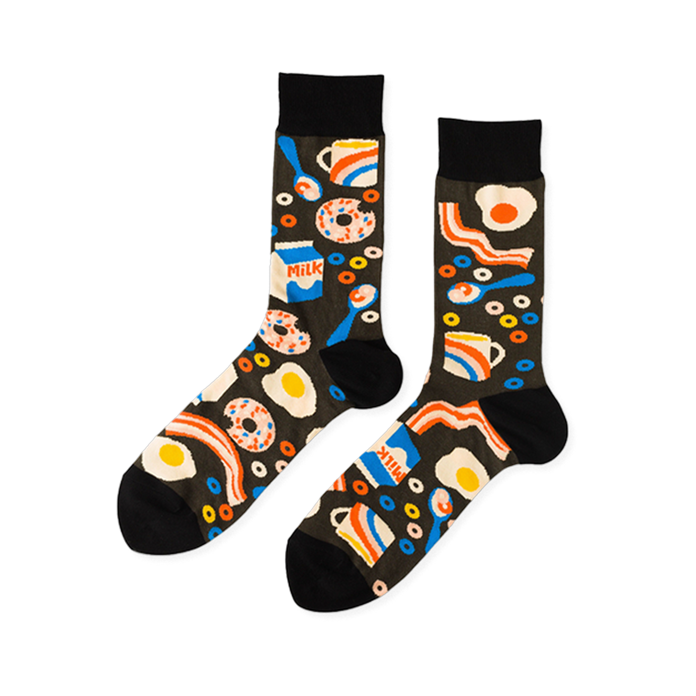 Pair of crew socks with a black background covered in a pattern of fried eggs, bacon, donuts, milk cartons, and coffee cups.
