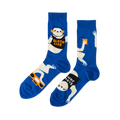 Pair of royal blue crew socks with white sloths wearing orange headphones, holding boomboxes, and text 'SLOTH LIFE'.