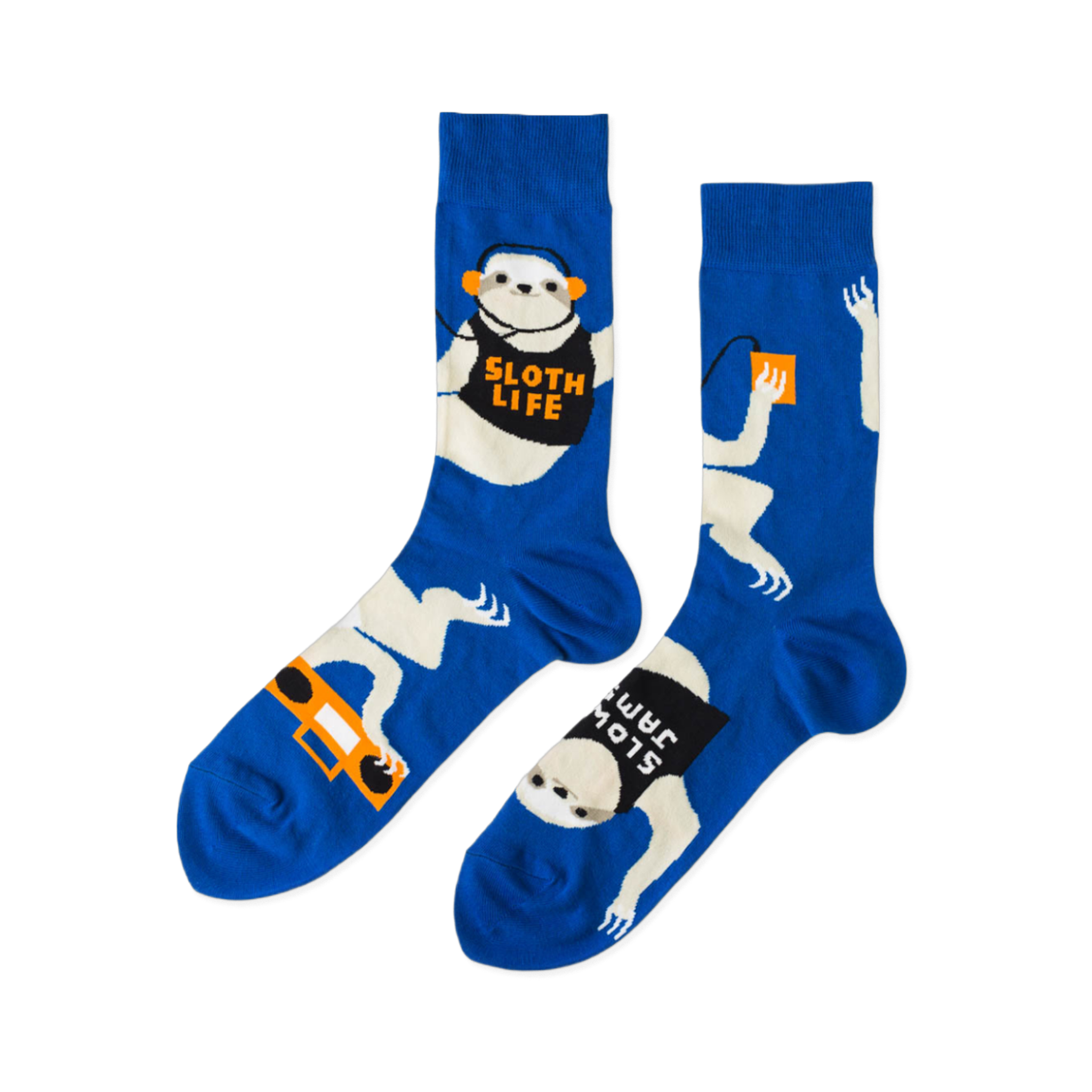 Pair of royal blue crew socks with white sloths wearing orange headphones, holding boomboxes, and text 'SLOTH LIFE'.