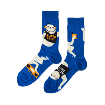 Pair of royal blue crew socks with white sloths wearing orange headphones, holding boomboxes, and text 'SLOTH LIFE'.