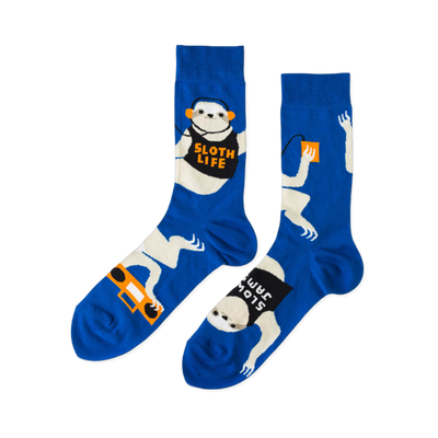 Pair of royal blue crew socks with white sloths wearing orange headphones, holding boomboxes, and text 'SLOTH LIFE'.