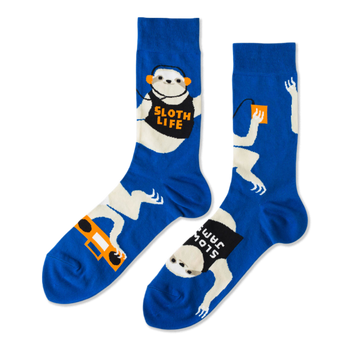 Pair of royal blue crew socks with white sloths wearing orange headphones, holding boomboxes, and text 'SLOTH LIFE'.