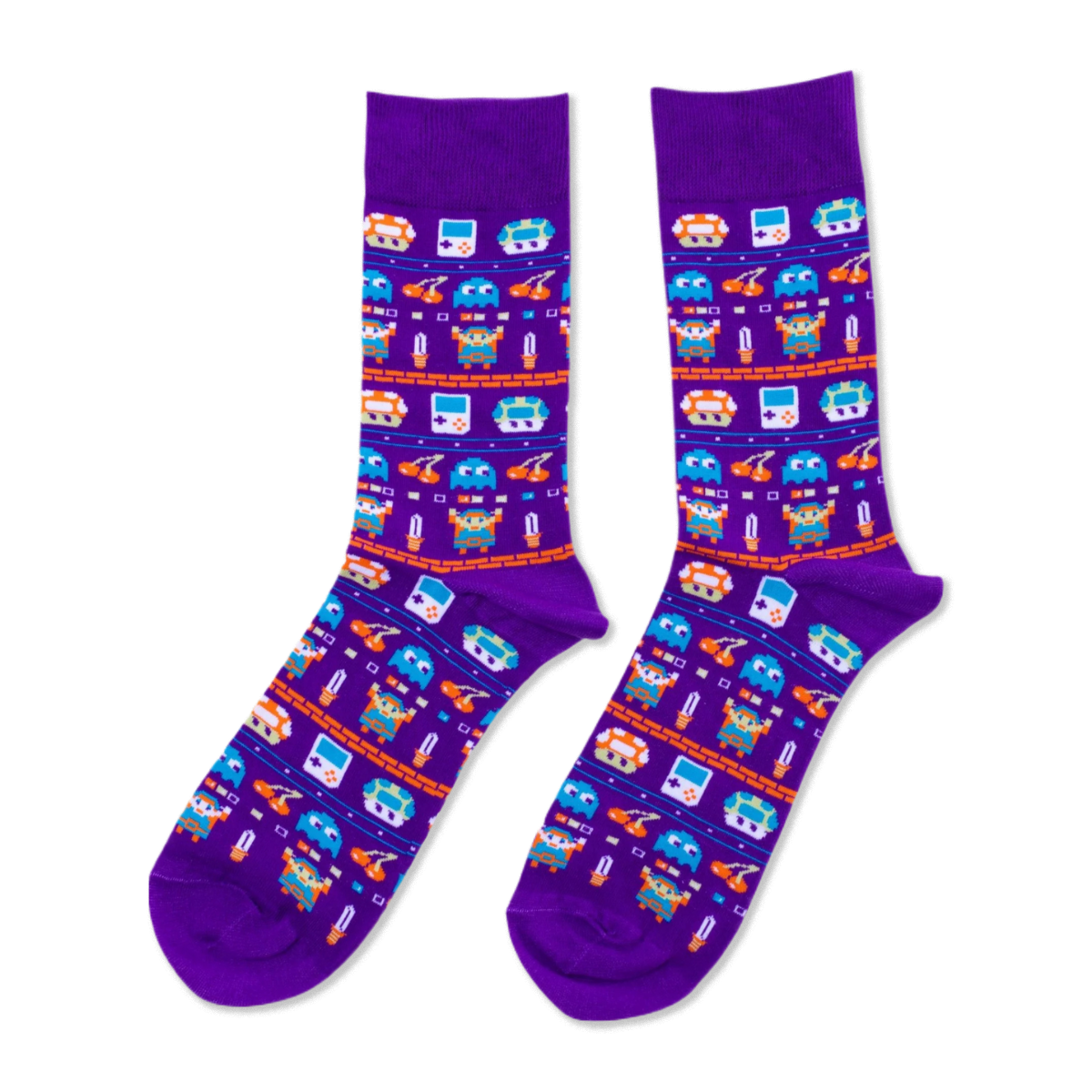 Purple crew socks with pixel art pattern: retro handheld consoles, orange mushrooms, blue ghosts, and sword-holding heroes.