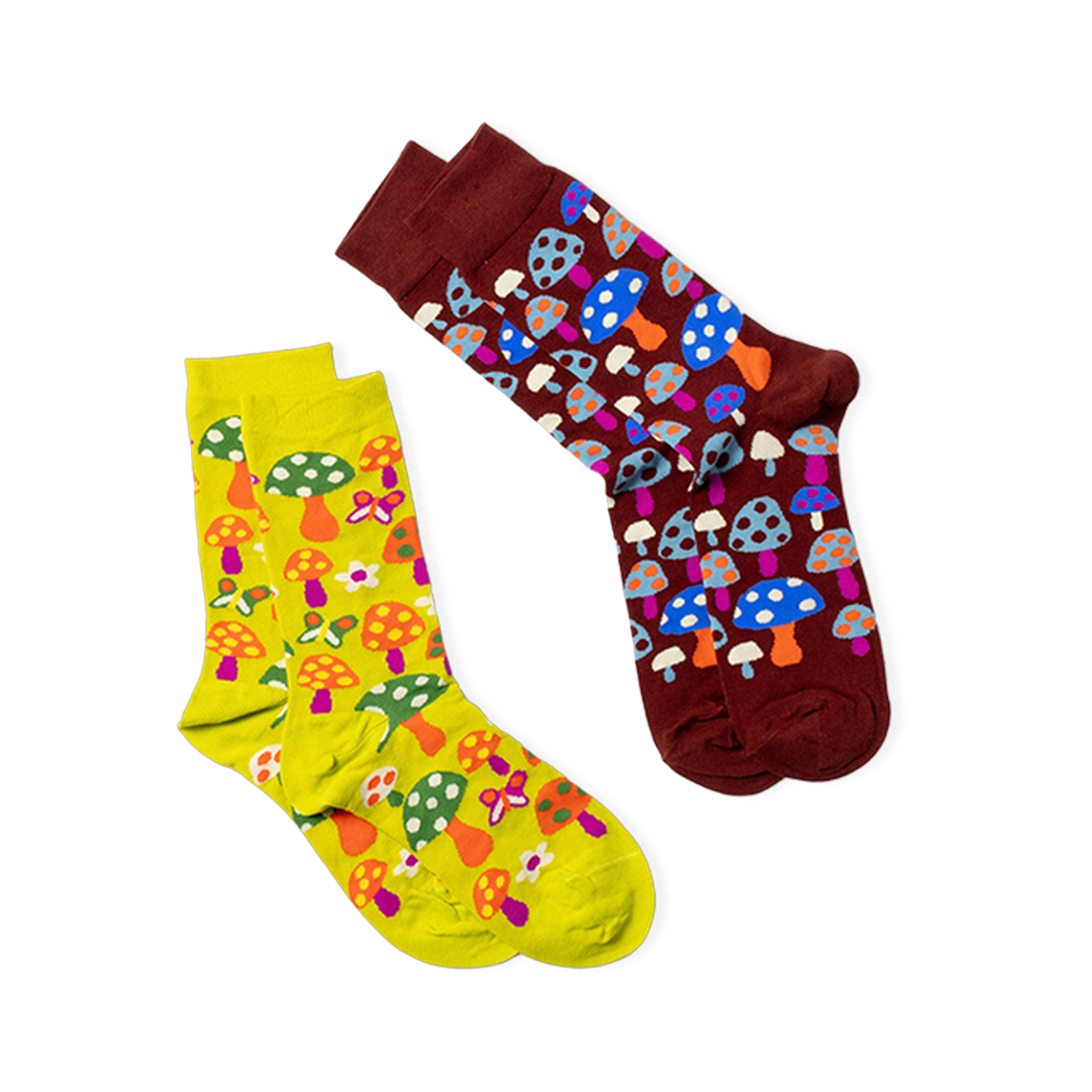 Two pairs of socks; the main mushroom pattern pair (right) and a yellow-green pair with mushrooms and flowers (left).