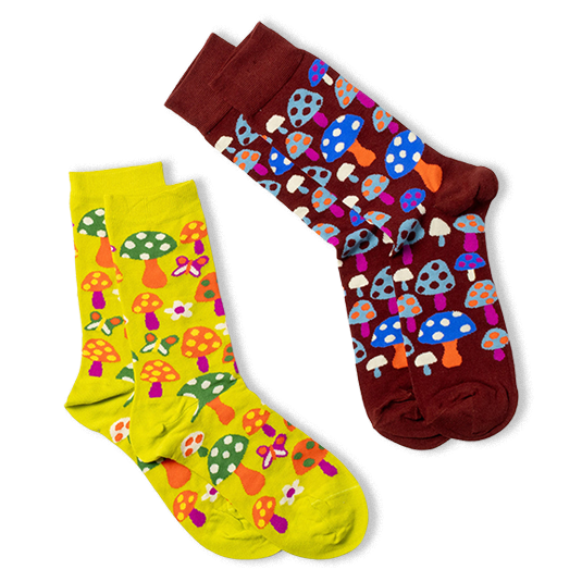 Two pairs of socks; the main mushroom pattern pair (right) and a yellow-green pair with mushrooms and flowers (left).