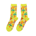 Pair of bright yellow crew socks with an all-over pattern of orange, green, and purple mushrooms, colorful butterflies, and white flowers.