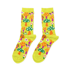 Pair of bright yellow crew socks with an all-over pattern of orange, green, and purple mushrooms, colorful butterflies, and white flowers.