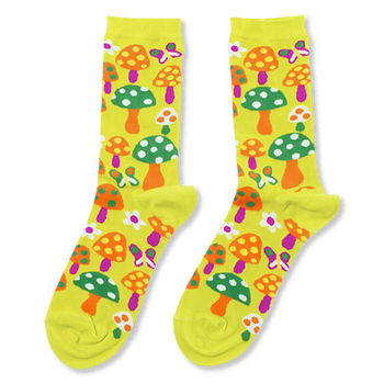 Pair of bright yellow crew socks with an all-over pattern of orange, green, and purple mushrooms, colorful butterflies, and white flowers.