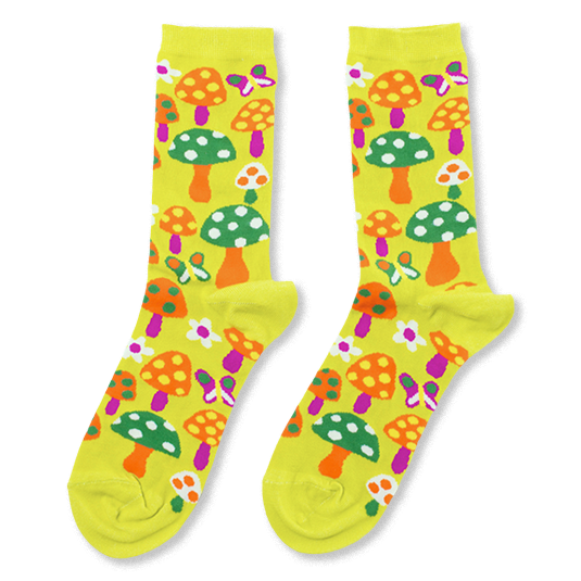 Pair of bright yellow crew socks with an all-over pattern of orange, green, and purple mushrooms, colorful butterflies, and white flowers.