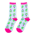 Pair of crew socks on light blue with neon pink cuffs, heels, and toes. Features green pickles and pickleball paddles with pink handles.
