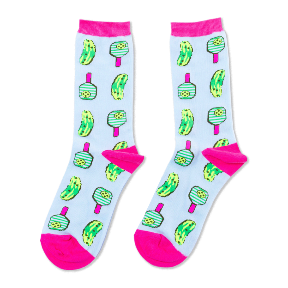 Pair of crew socks on light blue with neon pink cuffs, heels, and toes. Features green pickles and pickleball paddles with pink handles.