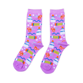 Pair of lavender crew socks with a repeating pattern of white glue bottles, orange scissors, yellow pencils, and blue wavy lines.